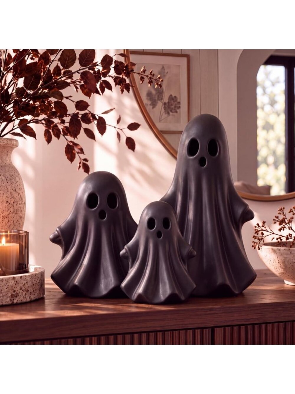 Set of 3 Large Halloween Terracotta Ghost Figurines - Rattan Decor for Spooky
